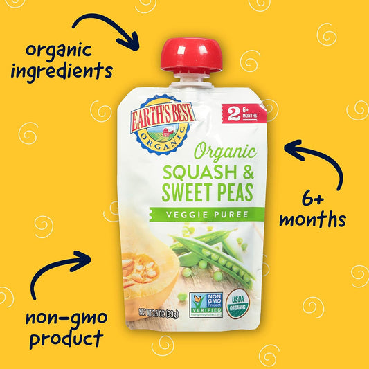 Earth'S Best Organic Baby Food Pouches, Stage 2 Vegetable Puree For Babies 6 Months And Older, Organic Squash And Sweet Peas Puree, 3.5 Oz Resealable Pouch (Pack Of 12)
