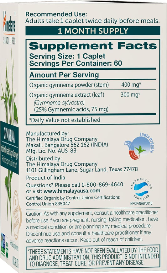 Himalaya Organic Gymnema Herbal Supplement Usda Certified Organic, Non-Gmo, 700 Mg, 60 Plant-Based Caplets, 30 Day Supply