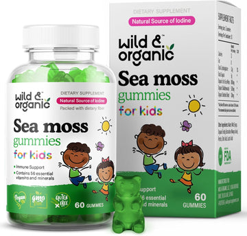 Wild & Organic Irish Sea Moss Gummies For Kids 800Mg - Immune Support With Bladderwrack - Vegan Sea Moss Gel Chews For Overall Support - 60 Non-Gmo Seamoss Gel Gummies