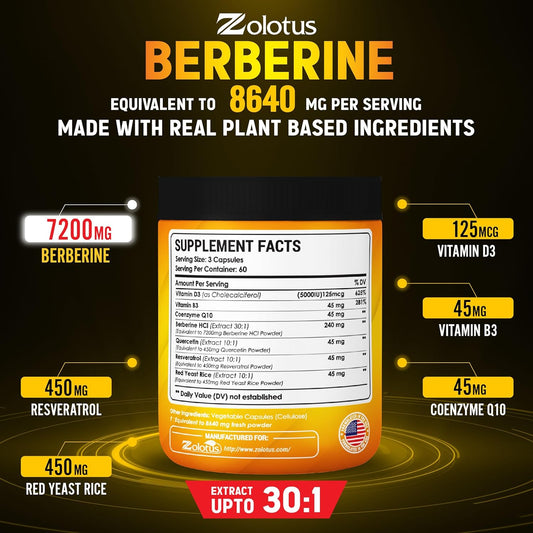 7 In 1 Berberine Supplement + Red Yeast Rice, Coenzyme Q10 Capsules, Equivalent To 8640Mg, With Quercetin, Resveratrol, Vitamin B3, Vitamin D3, Immune System, Digestive Health & Body Management