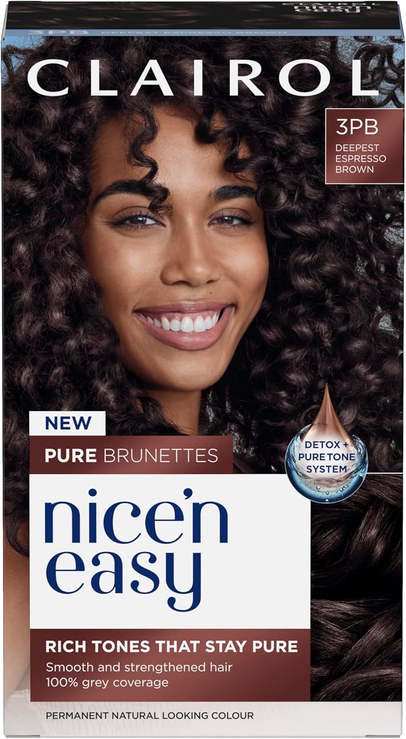 Clairol Nice N’ Easy Pure Brunettes Hair Colour | Pure And Rich Brown Tones | Smooth, Natural Hair Colour | With Pre-Colour Serum | 100% Grey Coverage | 3Pb Deepest Espresso Brown | Permanent Hair Dye