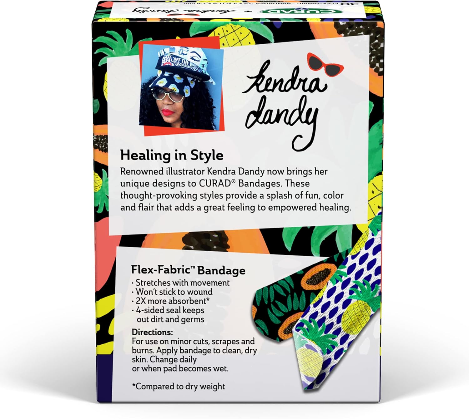 Curad Kendra Dandy Designer Adhesive Fabric Bandages (90 Count), 2 Colorful Patterns - Pineapples and Papayas, First Aid Bandages are .75" x 3", 30 Count Boxes (3 Pack) : Health & Household