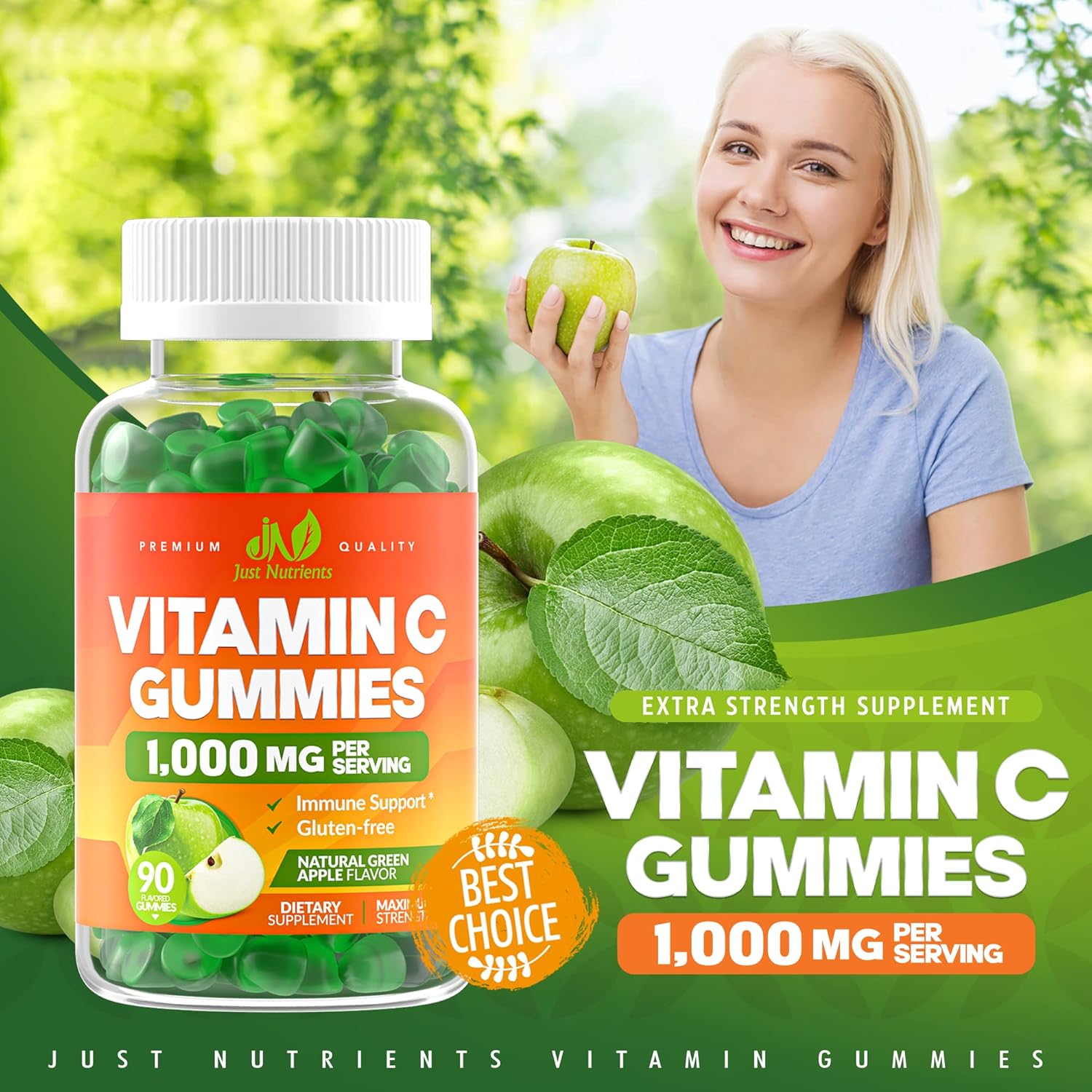 Vitamin C 1000mg Gummies for Adults & Kids - Maximum Strength Immune Support, Collagen Support for Skin - Sour Green Apple Flavor - Gluten Free, Non-GMO, 100% Vegetarian - 90 Gummies (30 Servings) : Health & Household