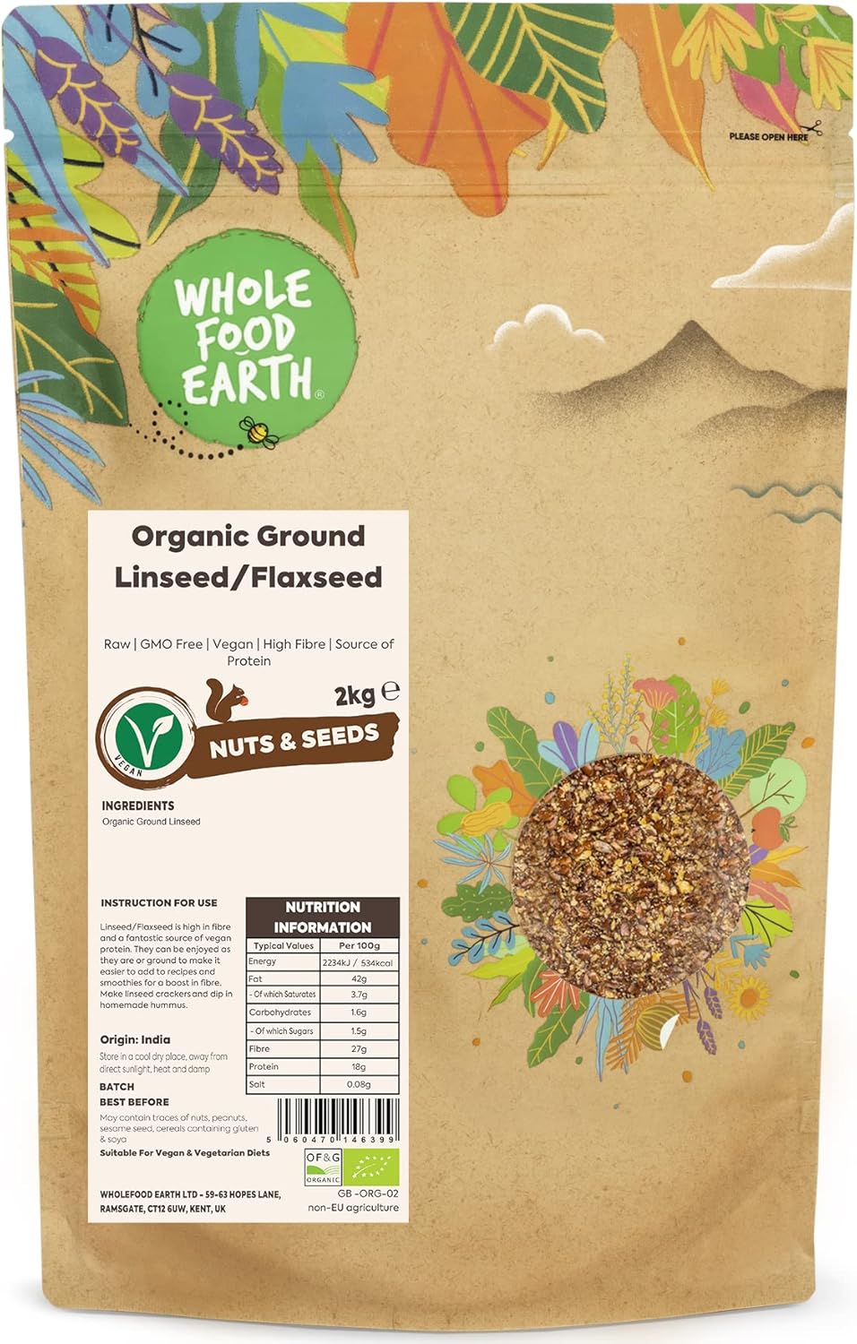 Wholefood Earth Organic Ground Linseed/Flaxseed 500G Raw | Gmo Free | Vegan | High Fibre | Source Of Protein | Certified Organic