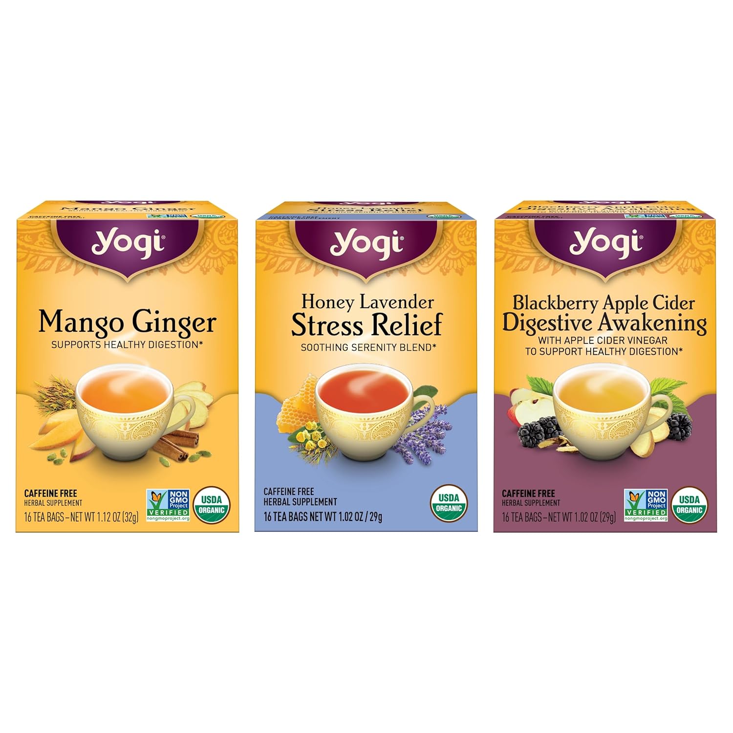 Yogi Tea Iced Tea Variety Pack - 16 Tea Bags Per Pack (3 Packs) - Organic Tea Sampler - Includes Mango Ginger Tea, Blackberry Apple Cider Digestive Awakening Tea & Honey Lavender Stress Relief Tea