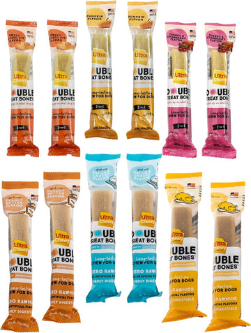 Ultra Chewy Double Treat Bones Favorites And Gourmet Bundle - Sampler Bundle With Our Top Flavors, Long Lasting 2-In-1 Dog Chew, Made In Usa