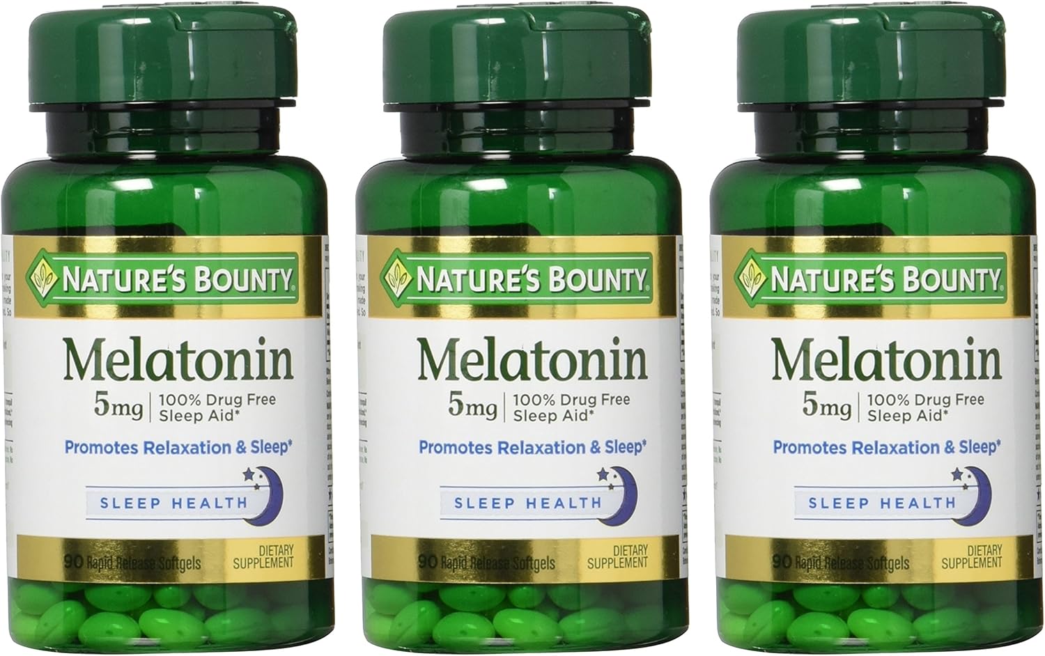 Nature's Bounty Melatonin 100% Drug Free Sleep Aid, Dietary Supplement, Promotes Relaxation and Sleep Health, 5 mg, 90 Count, Pack of 3 : Health & Household