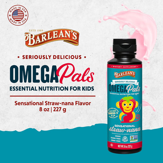 Barlean'S Omega Pals Omega 3 For Kids, Yummy Straw-Nana Flavored Children'S Liquid Flax Seed Oil Supplement With 1,483 Mg Ala, Non-Gmo, Vegan Brain And Eye Health, 8 Oz