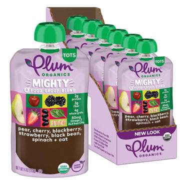 Plum Organics Mighty 4 Organic Toddler Food - Pear, Cherry, Blackberry, Strawberry, Black Bean, Spinach, And Oat - 4 Oz Pouch (Pack Of 6) - Organic Fruit And Vegetable Toddler Food Pouch