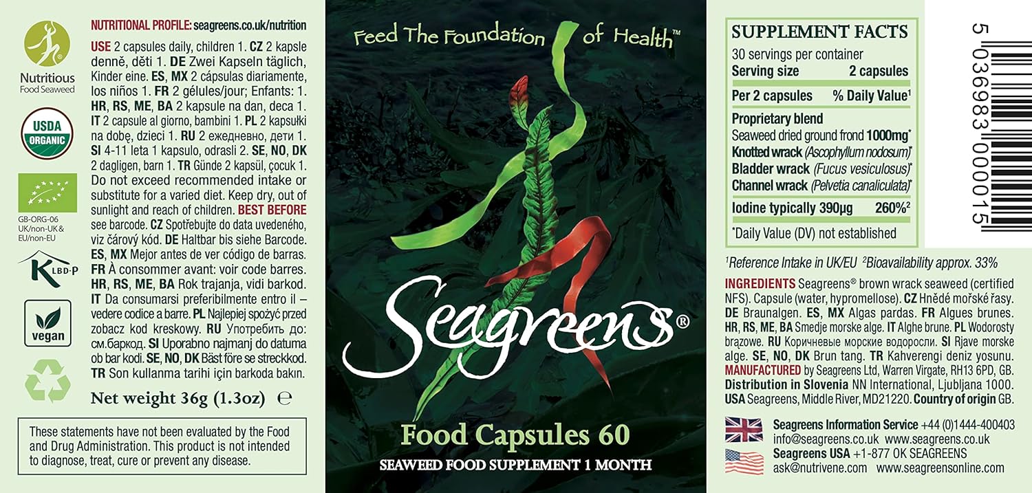 Seagreens Seaweed Food Supplement – 390mcg Natural Iodine per Serving, 11 Vitamins, 67 Minerals, Vegan Supplement for Men and Women, Supports Digestion and Metabolism, 60 Capsules : Amazon.co.uk: Grocery