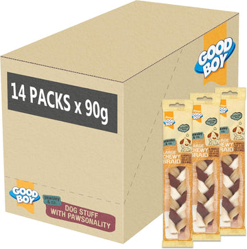 Good Boy - Large Chewy Braids - Dog Chews - Made With Beef Hide And Beef Flavouring - 90 Grams E - With Probiotics To Aid Digestion - Case Of 14