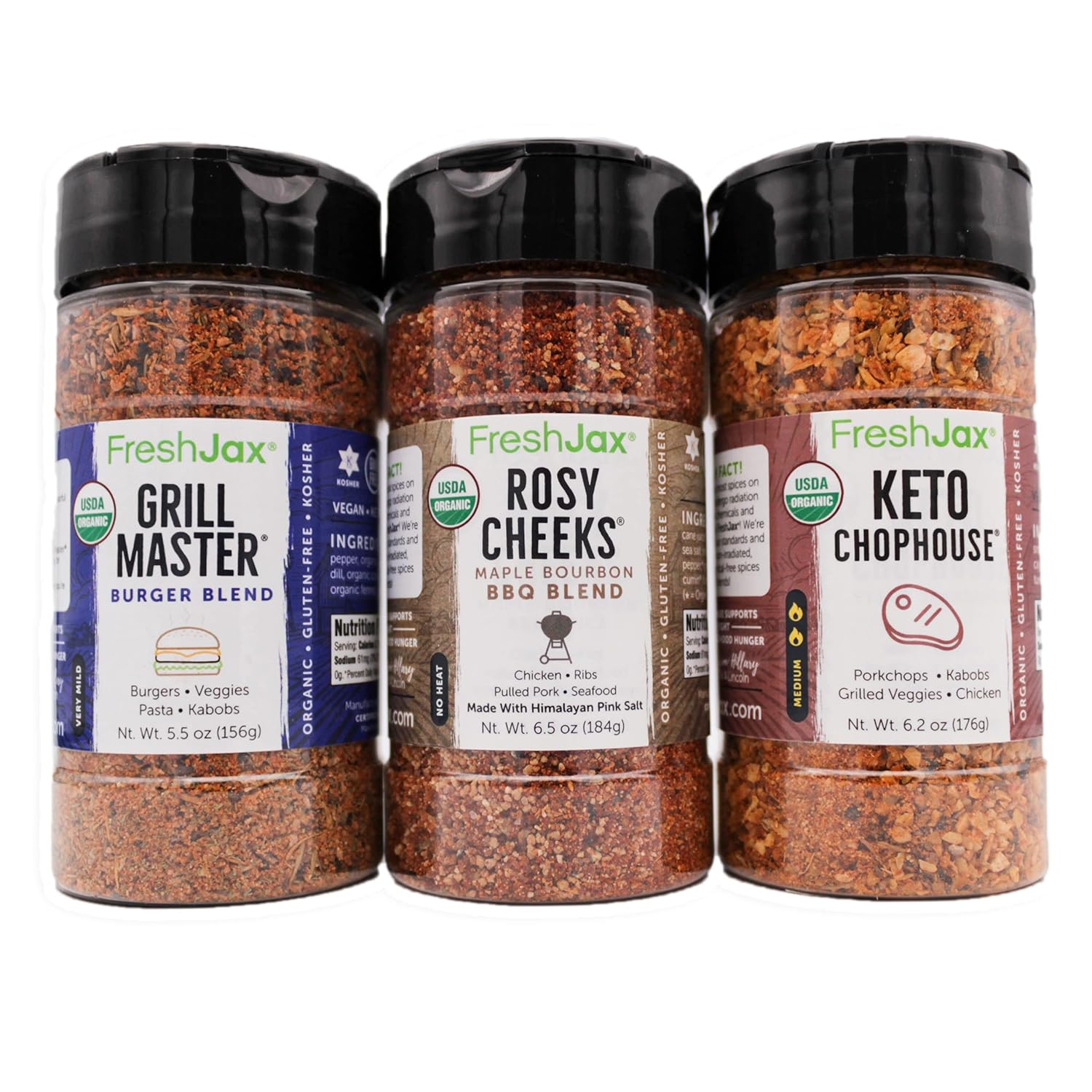 FreshJax Grill and BBQ Seasoning Gift Set | Pack of 3 Large Organic Grilling Spices | Grilling Gift sets for Men | Grill Master, Keto Chophouse & Rosy Cheeks-Maple Bourbon | Spices and Seasoning Sets