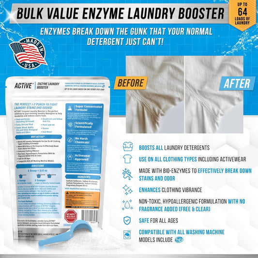 Enzyme Laundry Booster Odor Remover - 2 lbs Unscented Enzymatic Clothes Stain Cleaner Powder, Natural Deodorizer with Bio Active Enzymes, Detergent Additive Eliminator for Sweat, Oil, Blood - 64 Loads