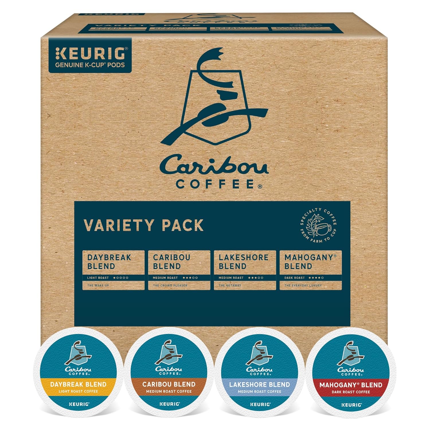 Caribou Coffee Single Serve Keurig K-Cup Pod Variety Pack, Light, Medium, And Dark Roast Coffees, 40-Count Box