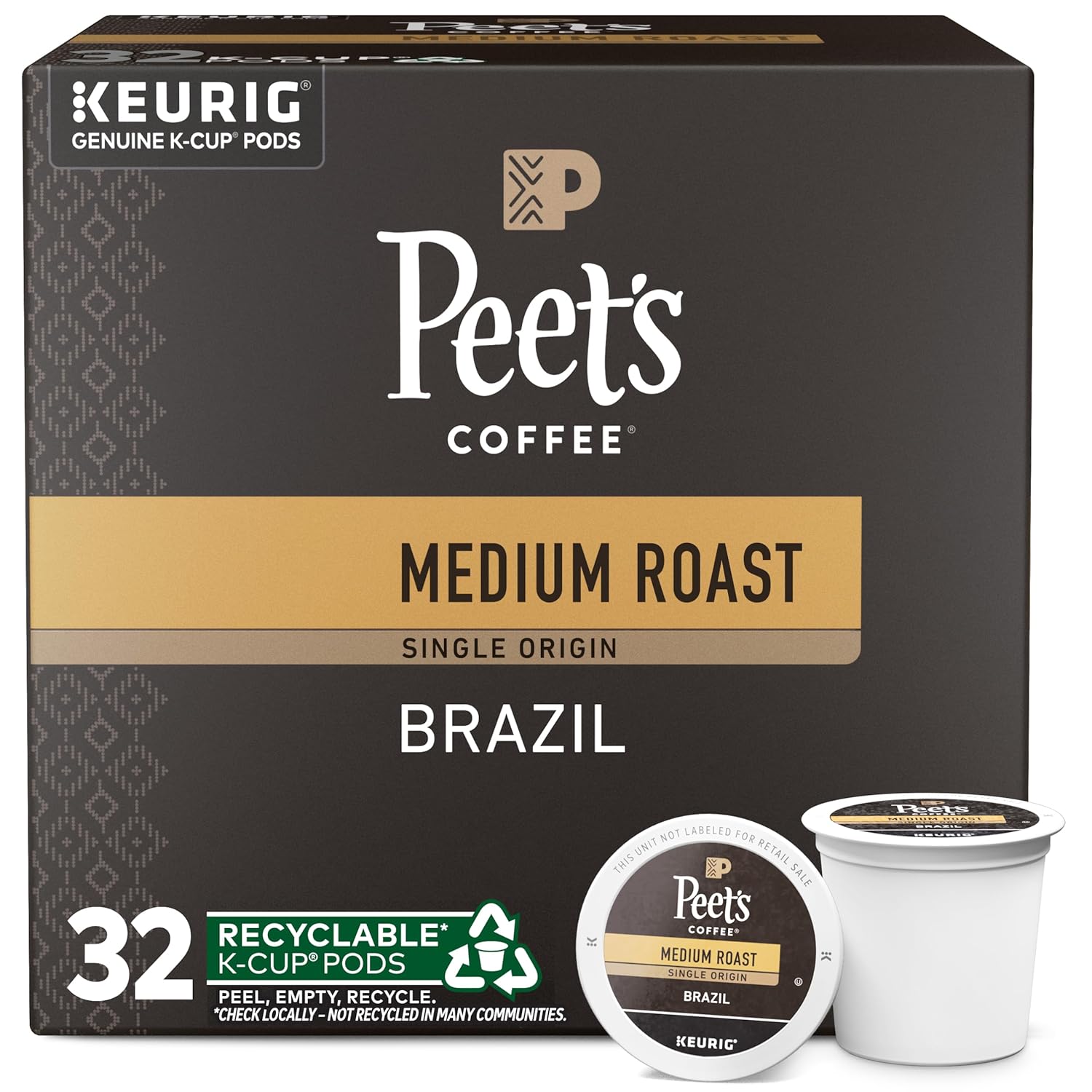 Peet's Coffee, Medium Roast K-Cup Pods for Keurig Brewers - Single Origin Brazil 32 Count (1 Box of 32 K-Cup Pods)
