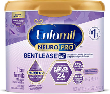 Enfamil NeuroPro Gentlease Baby Formula, Brain Building DHA, HuMO6 Immune Blend, Designed to Reduce Fussiness, Crying, Gas & Spit-up in 24 Hrs, has Prebiotics to Promote Softer Stools, Reusable Tub, 19.5 Oz