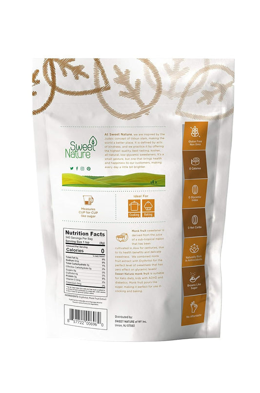 Sweet Nature Monk Fruit Golden Sweetener Non Gmo Gluten Free Sugar Substitute Kosher 48 Ounces (3 Lb)