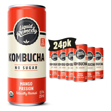 Liquid Remedy Kombucha Sugar Free Organic Drink, Low Calorie, Probiotic Like Tea For Gut Health - Mango Passion - 8.5 Fl Oz Can, 24-Pack