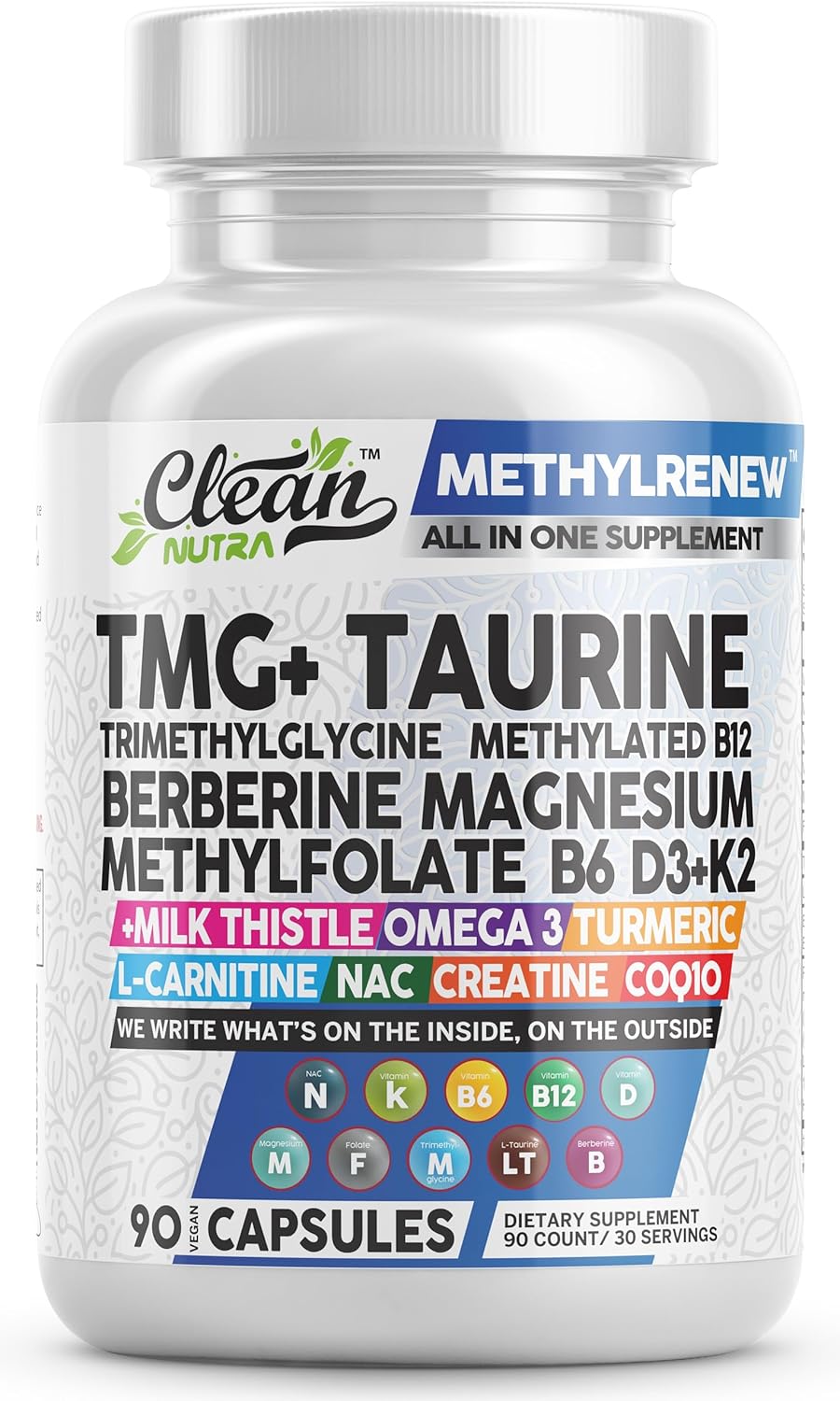 Clean Nutra Tmg Taurine Supplement - Methylated Multivitamin With B6 Vitamins, B12, D3 K2, Berberine, Magnesium Methylfolate Milk Thistle Omega 3 Turmeric Nac L Carnitine Creatine Coq10 & More, 90 Ct