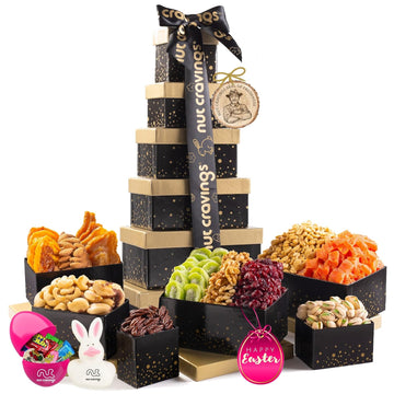 Nut Cravings Gourmet Collection - Easter Tower Dried Fruit Nuts & Candies Gift Basket with Happy Easter Ribbon (12 Piece Assortment) Candy Filled Egg + Bunny Stuffer - Kosher