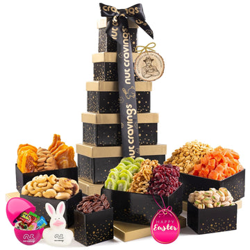 Nut Cravings Gourmet Collection - Easter Tower Dried Fruit Nuts & Candies Gift Basket With Happy Easter Ribbon (12 Piece Assortment) Candy Filled Egg + Bunny Stuffer - Kosher