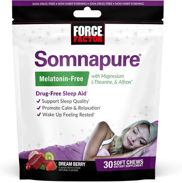 Force Factor Somnapure Melatonin-Free Soft Chews, Sleep Aid To Improve Sleep Quality, Sleep Aids For Adults With Affron, Magnesium, L-Theanine, Chamomile, Lemon Balm, Dream Berry Flavor, 30 Soft Chews