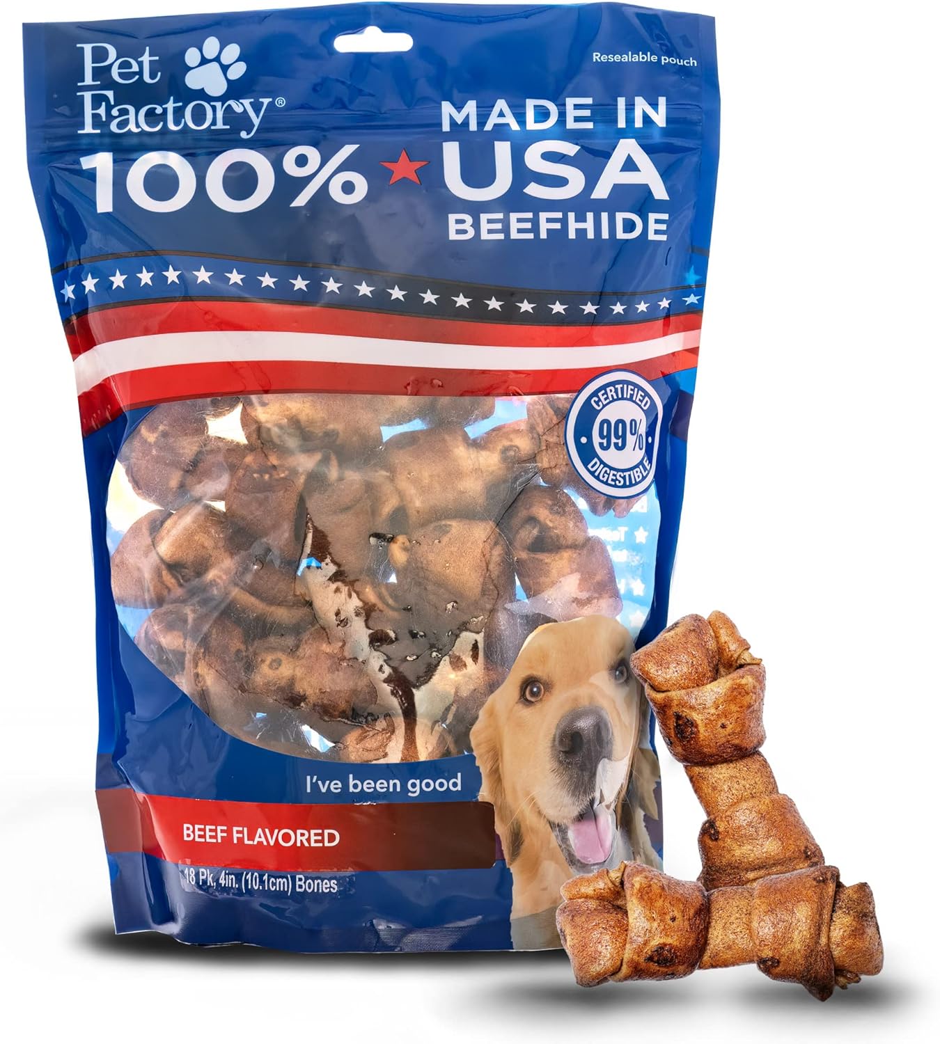 Pet Factory 100% Made In Usa Beefhide 4" Knotted Bones Dog Chew Treats - Beef Flavor, 18 Count/1 Pack