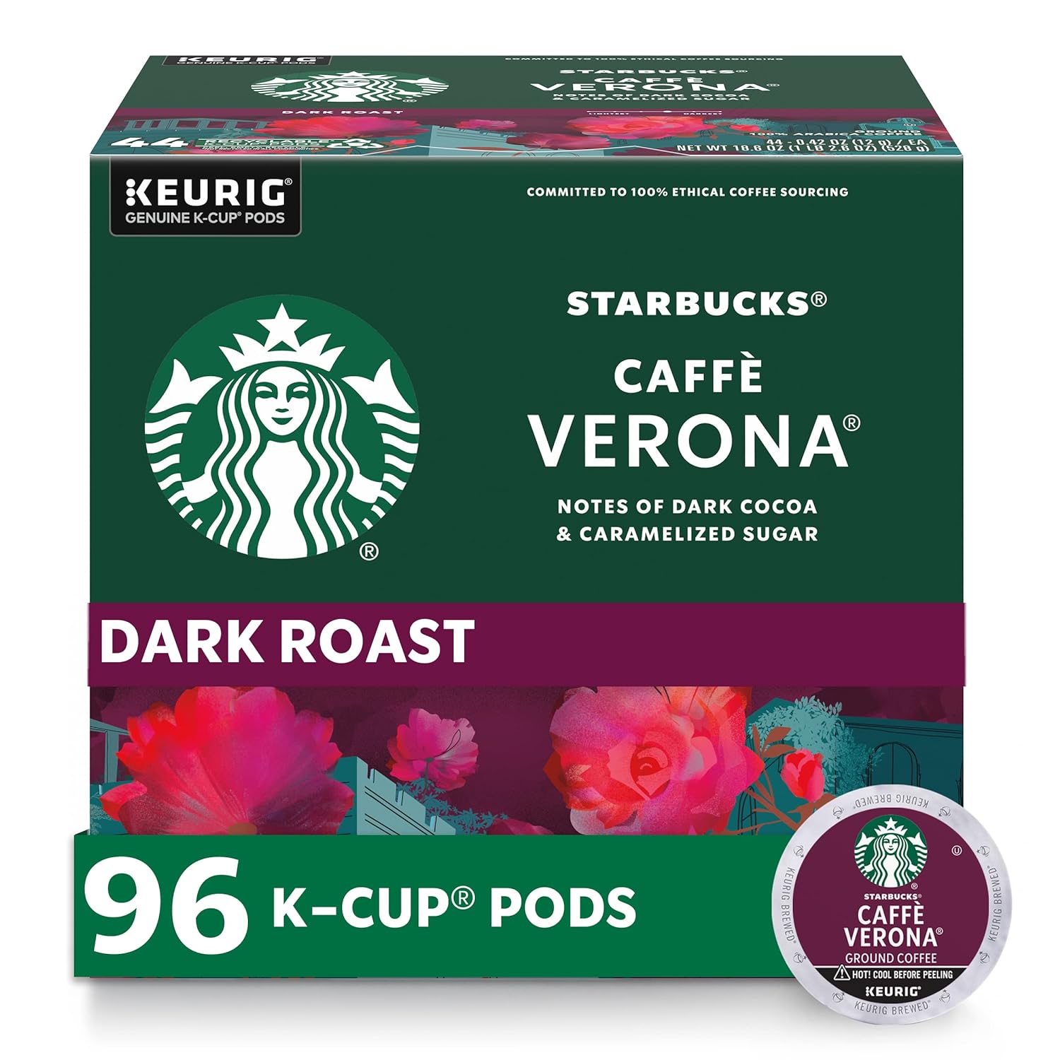 Starbucks K-Cup Coffee Pods—Dark Roast Coffee—Caffè Verona for Keurig Brewers—100% Arabica—4 boxes (96 pods total)