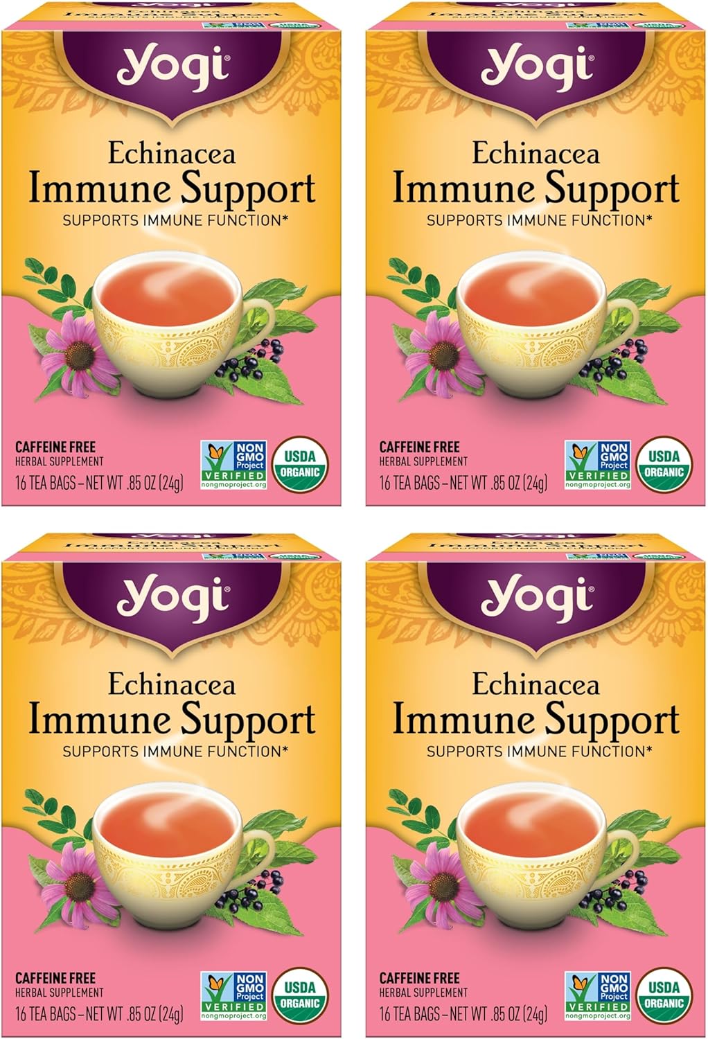 Yogi Tea Echinacea Immune Support Tea - 16 Tea Bags Per Pack (4 Packs) - Organic Immunity Support Tea - Includes Peppermint Leaf, Lemongrass, Cinnamon Bark, Echinacea Purpurea, Licorice Root & More