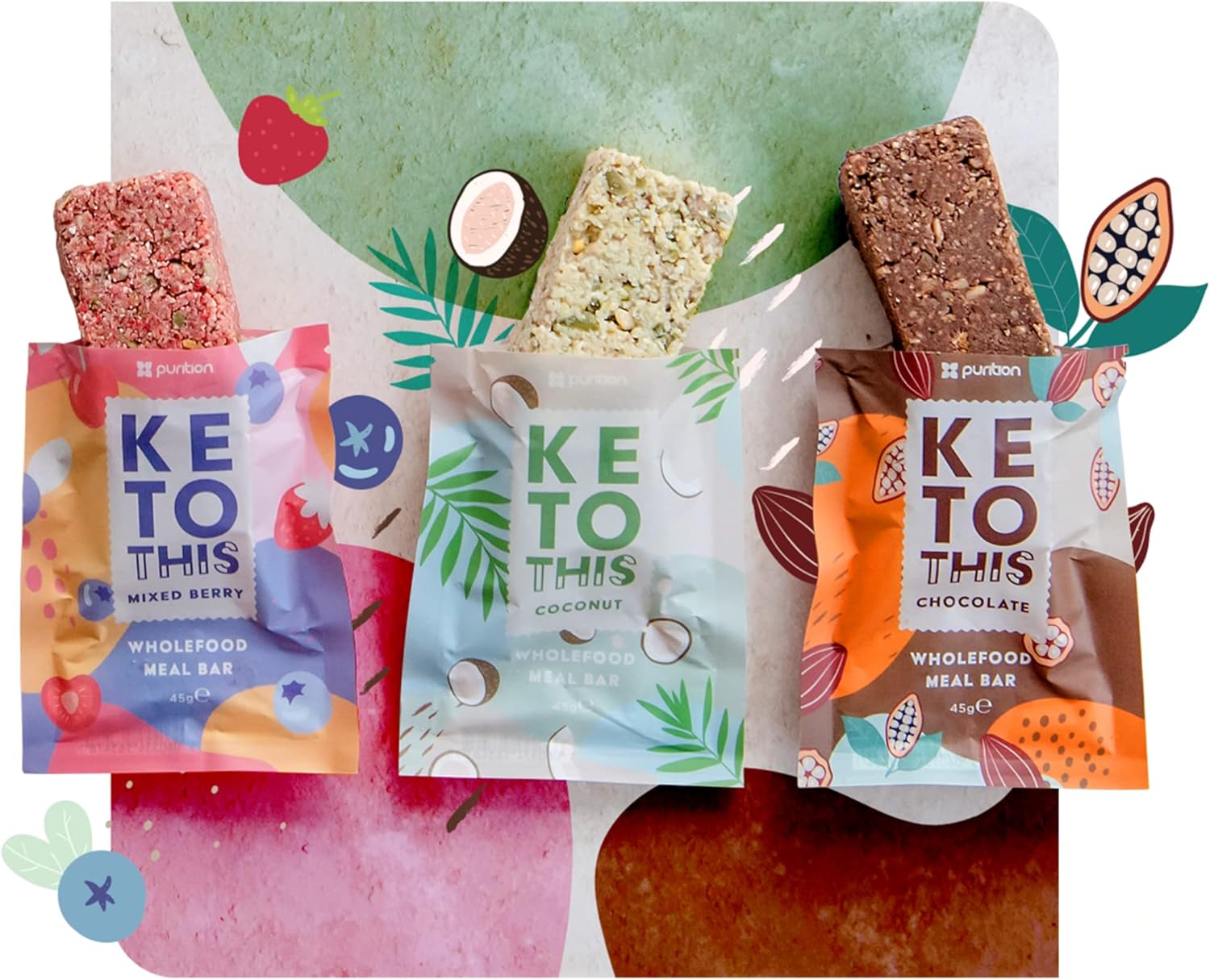 Purition Wholefood Meal Bars Mixed Berry Flavour 12 Pack | Vegan & Keto Friendly | No Added Sugar | Premium Low Carb High Fat Keto Meal Bars With Only Natural Ingredients