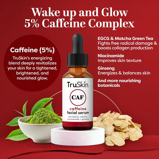 Truskin Caffeine Face & Eye Serum - Energizing 5% Caffeine Serum With Egcg - Dark Circles Under Eye Treatment With Niacinamide Matcha And Ginseng - Reduce Eye Puffiness In 60 Days, 1 Fl Oz