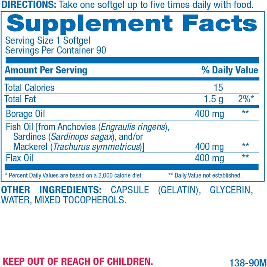 Triple Omega 3 6 9 Supplement - 90 Softgels from Fish, Flax, and Borag