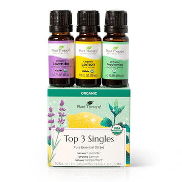 Plant Therapy Top 3 Organic Essential Oil Singles Set 10 Ml (1/3 Oz) Lemon, Lavender & Peppermint 100% Pure Essential Oils, Undiluted, Natural Aromatherapy For Diffusion And Body Care