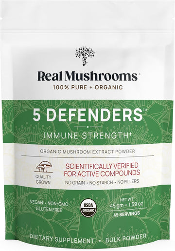 Real Mushrooms 5 Defenders Powder - Organic Mushroom Extract W/ Chaga, Shiitake, Maitake, Turkey Tail, & Reishi - Mushroom Supplement - Vegan, Non-Gmo, 45 Servings