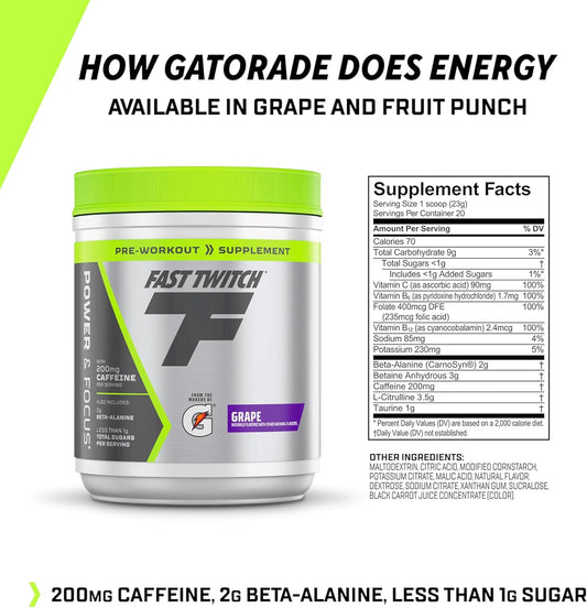 Fast Twitch From The Makers Of Gatorade,Caffeinated Pre-Workout Supplement Mix,Grape,1.01Lb (Pack Of 1),3.5G L-Citrulline,3G Betaine,2G Carnosine Beta-Alanine,Vitamin B6,B12 And 200Mg Caffeine