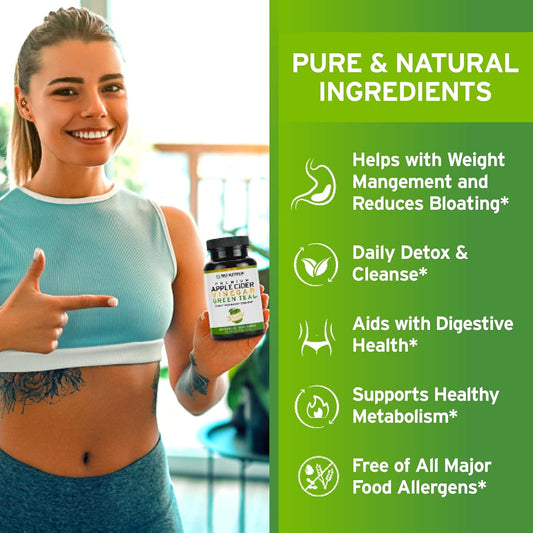 Trio Nutrition Apple Cider Vinegar Capsules With Green Tea - Sugar Free Apple Cider Vinegar Pills With The Mother For Body Cleanse, Immune, Weight Management & Metabolism Support