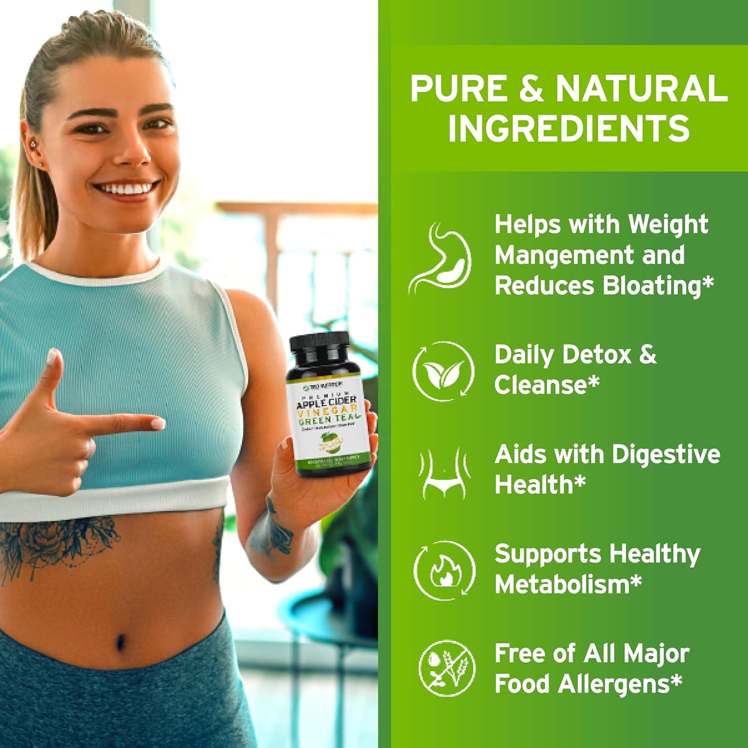 Trio Nutrition Apple Cider Vinegar Capsules With Green Tea - Natural Sugar Free Apple Cider Vinegar Pills With The Mother For Body Cleanse, Immune, Weight Management & Metabolism Support