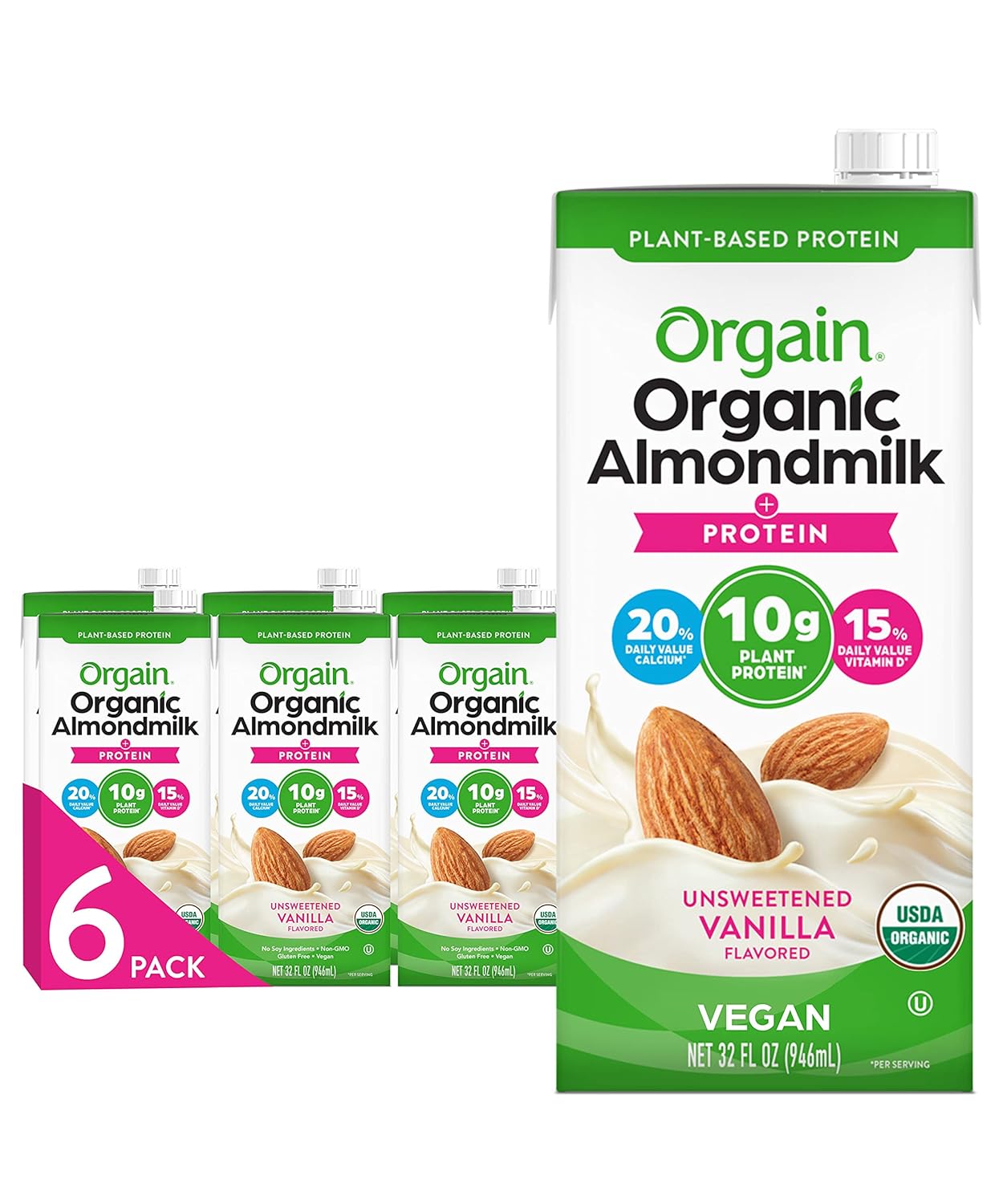 Orgain Organic Vegan Protein Almond Milk, Unsweetened Vanilla - 10G Plant Protein, Vitamin D & Calcium, No Lactose, Dairy & Soy Ingredients, Gluten Free, No Sugar Added, 32 Fl Oz (Pack Of 6)