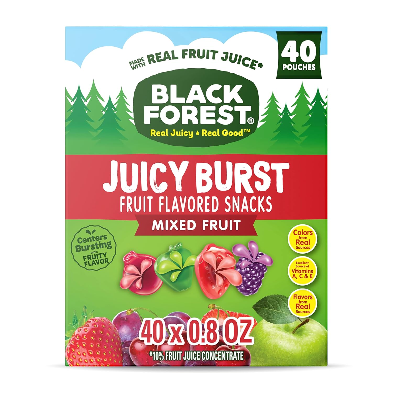 Black Forest, Juicy Burst, Fruit Flavored Snacks, Mixed Fruit Flavors, A Juicy Burst Of Natural Flavors, Made With Real Fruit Juice, School Snacks, 0.8 Oz 40 Ct