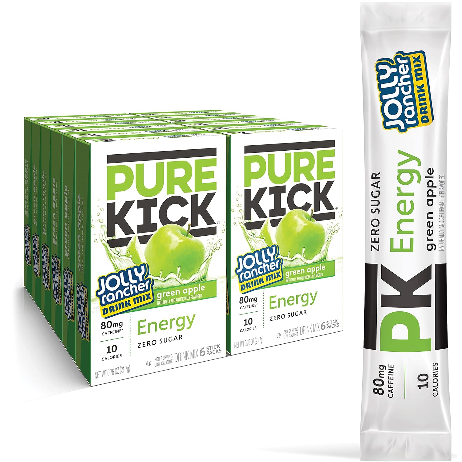 Pure Kick Energy Singles To Go Drink Mix, Jolly Rancher Green Apple, Includes 12 Boxes With 6 Packets In Each Box, 72 Total Packets