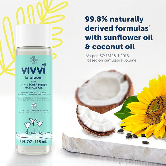 VIVVI & BLOOM Gentle 2-in-1 Baby Scalp & Body Massage Oil, Fast Absorbing Formula Ideal to Moisturize, for Massage to Remove Dry Flakes on Scalp, Hypoallergenic, 4 fl. Oz