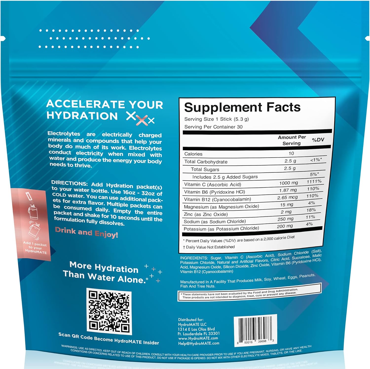 HydroMATE Electrolytes Powder Packets Drink Mix Low Sugar Hydration Ac