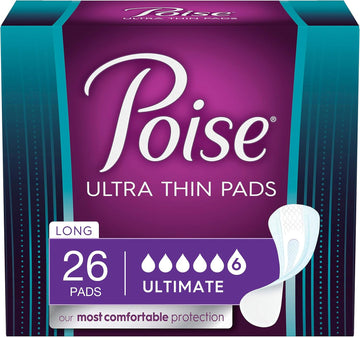 Poise Ultra Thin Incontinence Pads For Women, Bladder Leakage & Postpartum Pads, Ultimate Absorbency, Long Length, Unscented, 26 Count