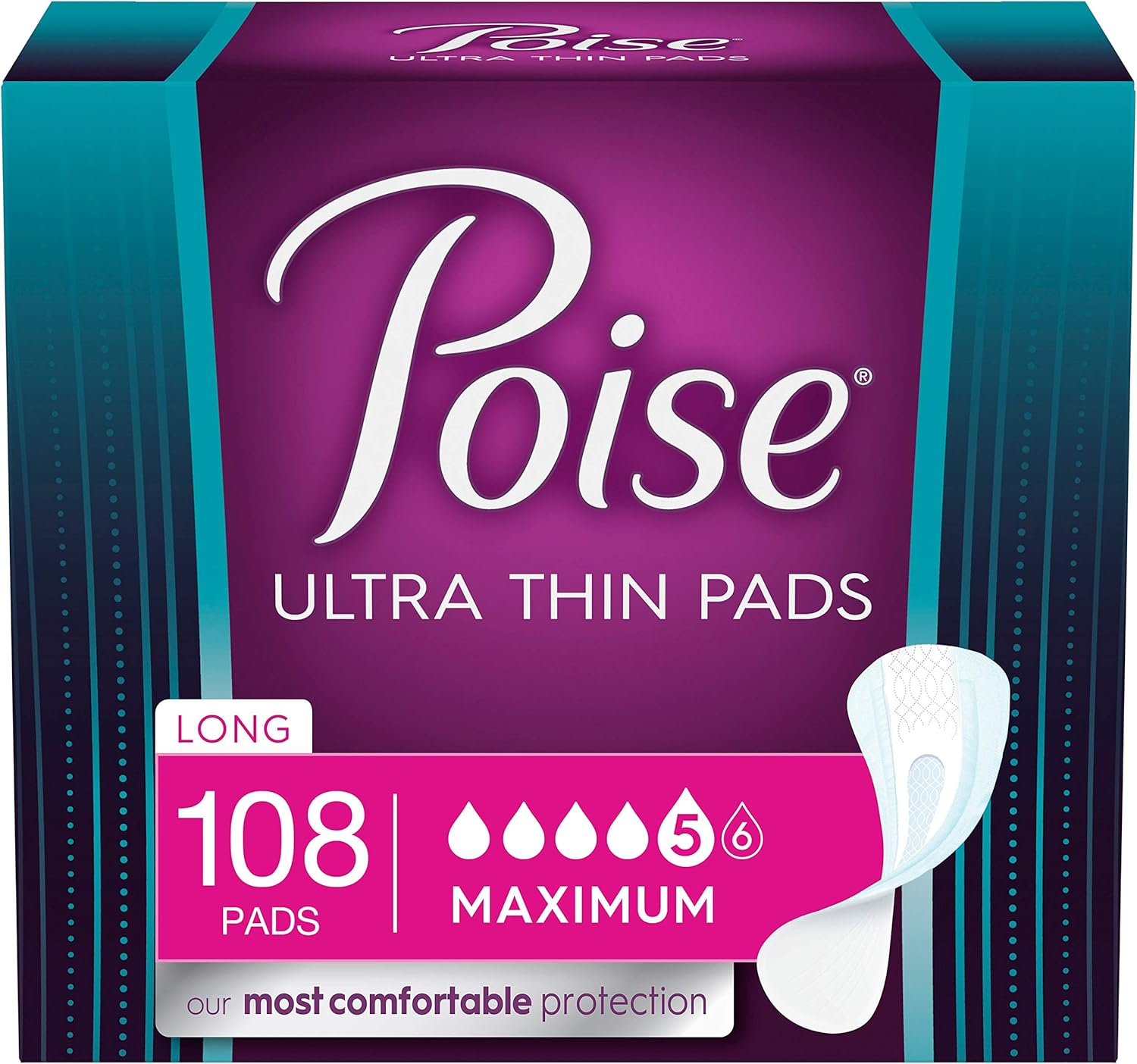 Poise Ultra Thin Incontinence Pads for Women, Maximum Absorbency, Long Length, 108 Count (3 Packs of 36) (Packaging May Vary) : Health & Household