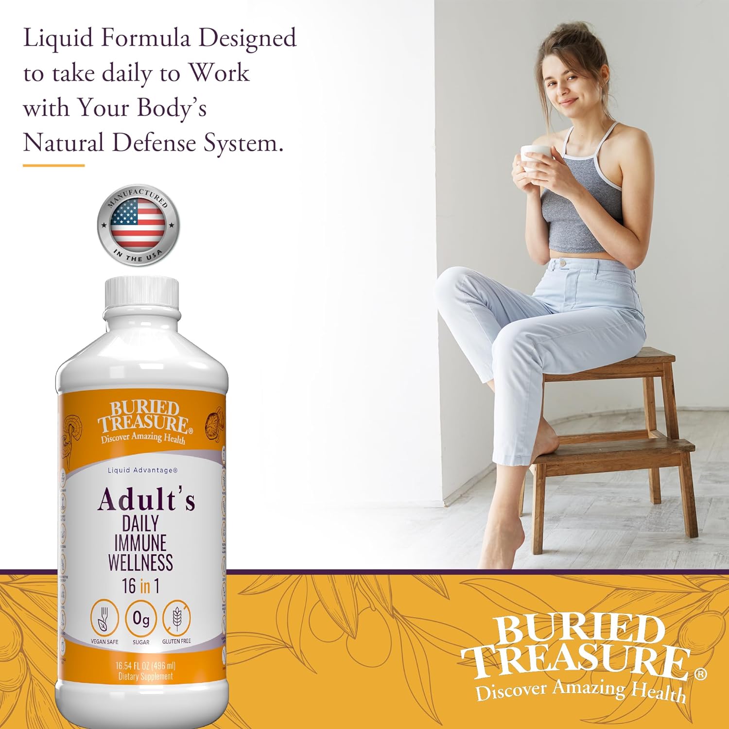 Buried Treasure Adult Daily Immune Wellness 16 Fl oz. Immune Booster with Elderberry Echinacea, Vitamins : Health & Household