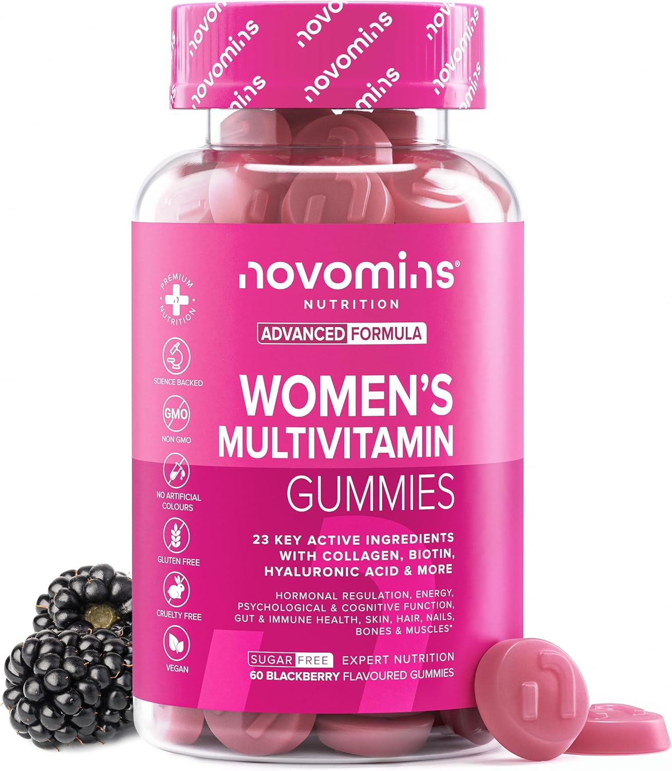Multivitamin Gummies For Women - Marine Collagen, Hyaluronic Acid, Folic Acid - 23 Vitamins, Minerals & Probiotics For Women - Vitamin D, A, C, B, Biotin & Zinc – 60 Vitamin Gummies - Vegan - Novomins