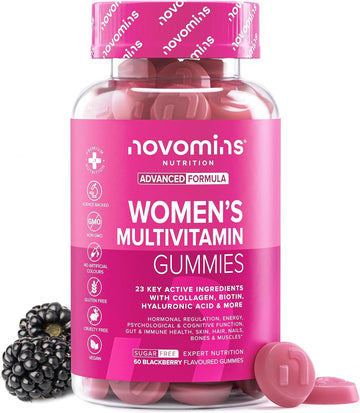 Multivitamin Gummies For Women - Marine Collagen, Hyaluronic Acid, Folic Acid - 23 Vitamins, Minerals & Probiotics For Women - Vitamin D, A, C, B, Biotin & Zinc – 60 Vitamin Gummies - Vegan - Novomins