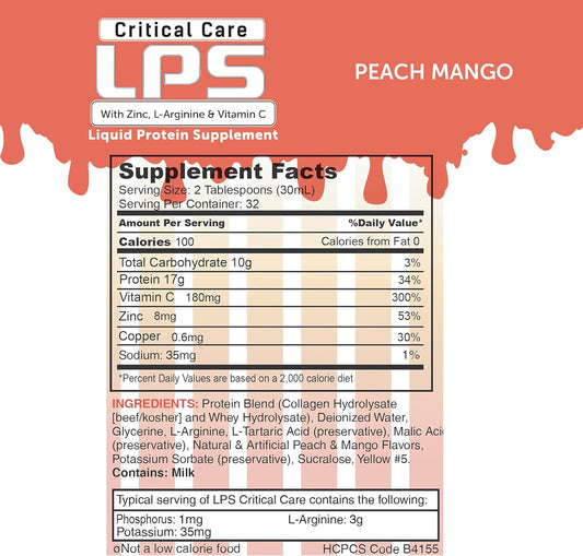 Nutritional Designs Lps Liquid Collagen & Whey Protein Supplement, Sugar-Free, Non-Gmo Drink, Promotes Healthy Skin & Hair For Men & Women. (Critical Care) Peach Mango