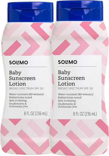 Amazon Brand - Solimo Baby Sunscreen Spf 50, Reef Friendly (Octinoxate & Oxybenzone Free), Unscented, 8 Fl Oz (Pack Of 2)