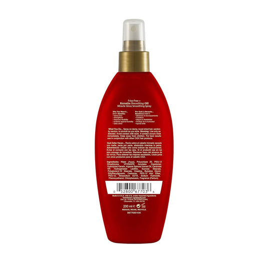 Ogx Frizz-Free + Keratin Smoothing Oil Miracle Gloss Spray, 5 In 1, De-Frizz & Shiny Hair, Argan Oil